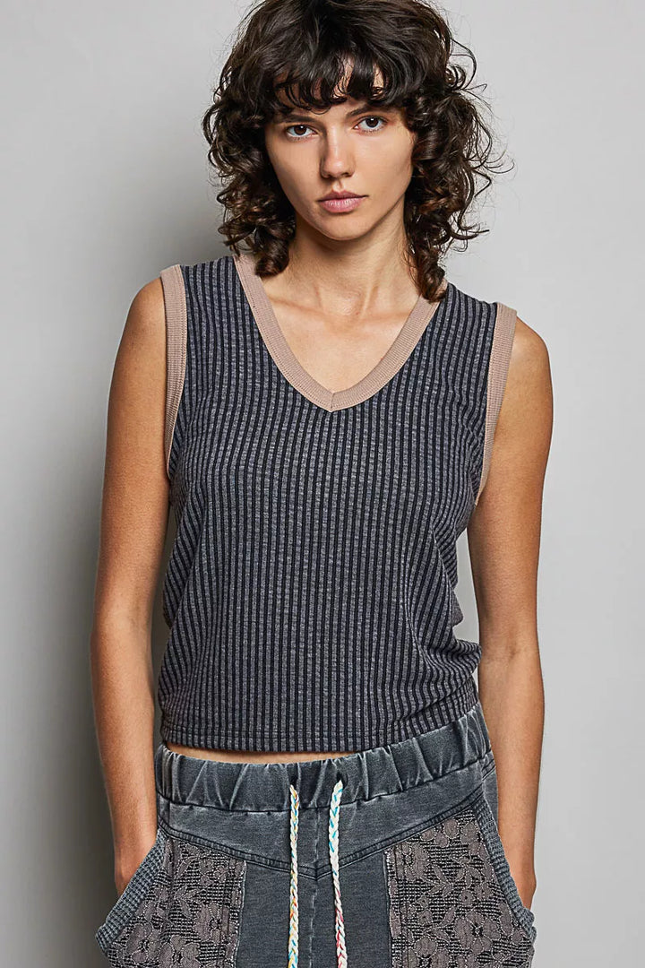 BLACK V-neck ribbed sleeveless tank with contrast trim