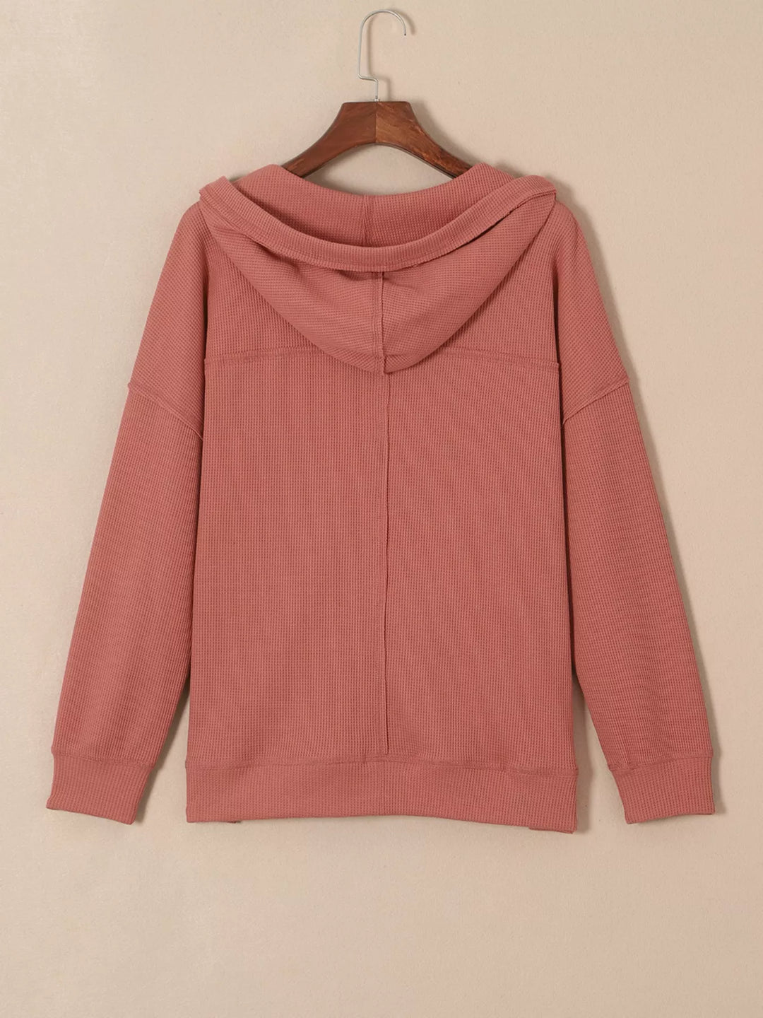 Waffle knit V-neck drawstring pullover hoodie
