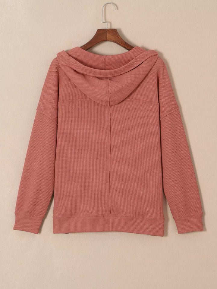 Waffle knit V-neck drawstring pullover hoodie