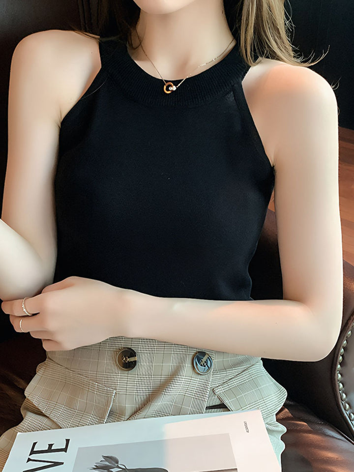Black Ribbed knit sleeveless tank with high round neck
