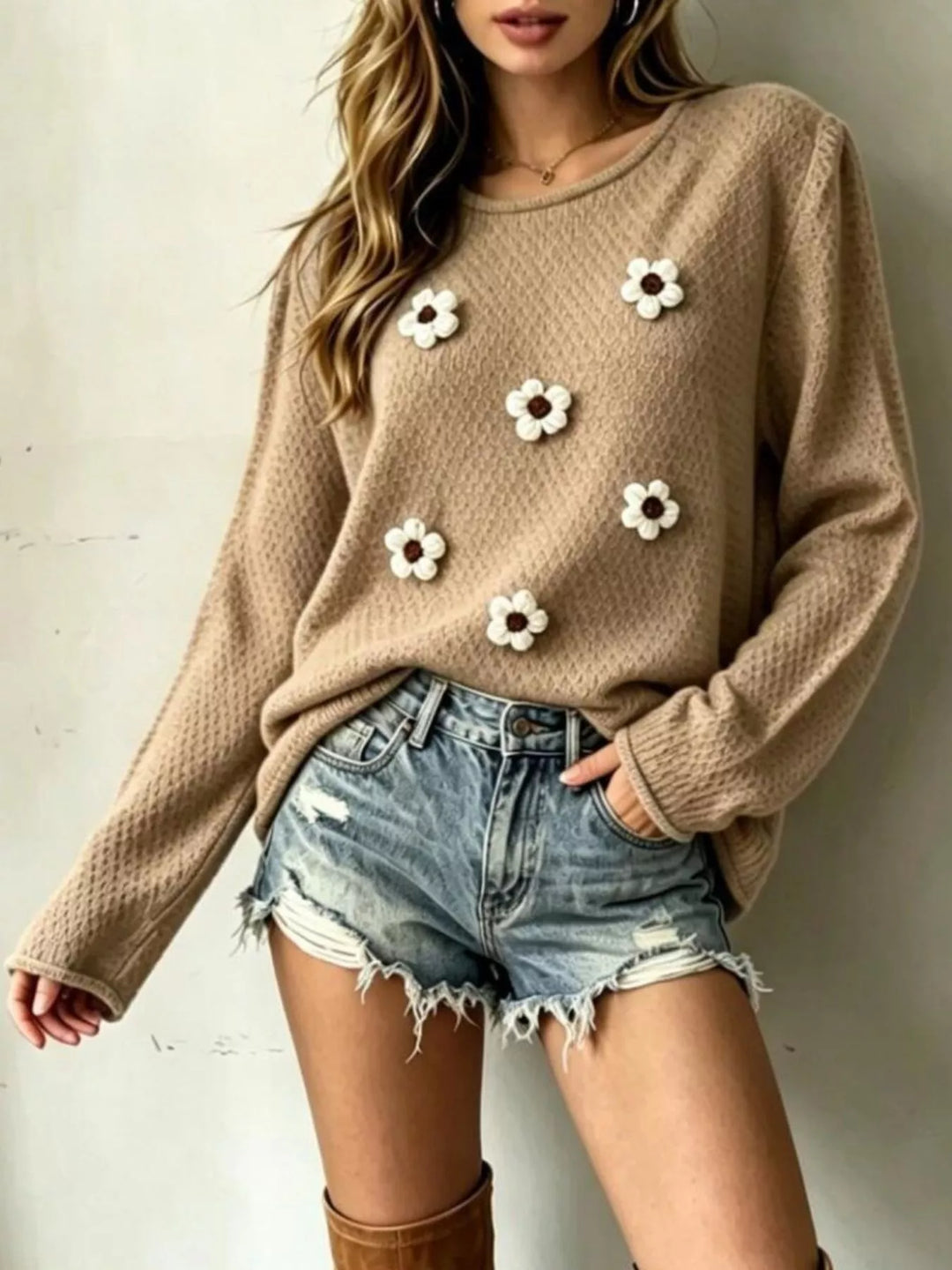 Khaki Floral applique textured knit sweater with drop shoulders