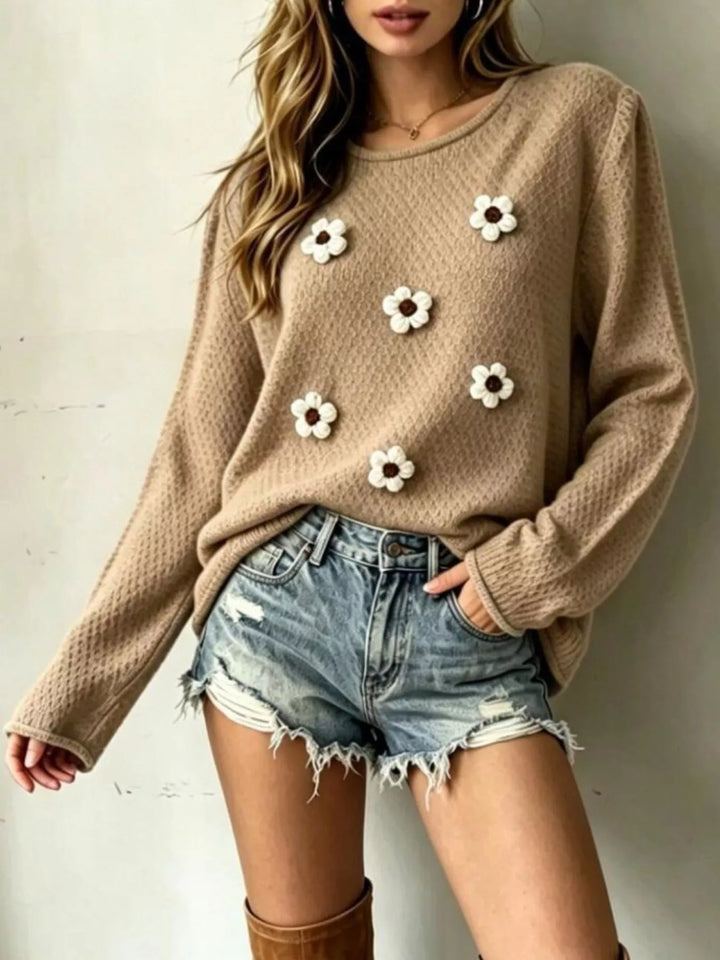 Khaki Floral applique textured knit sweater with drop shoulders