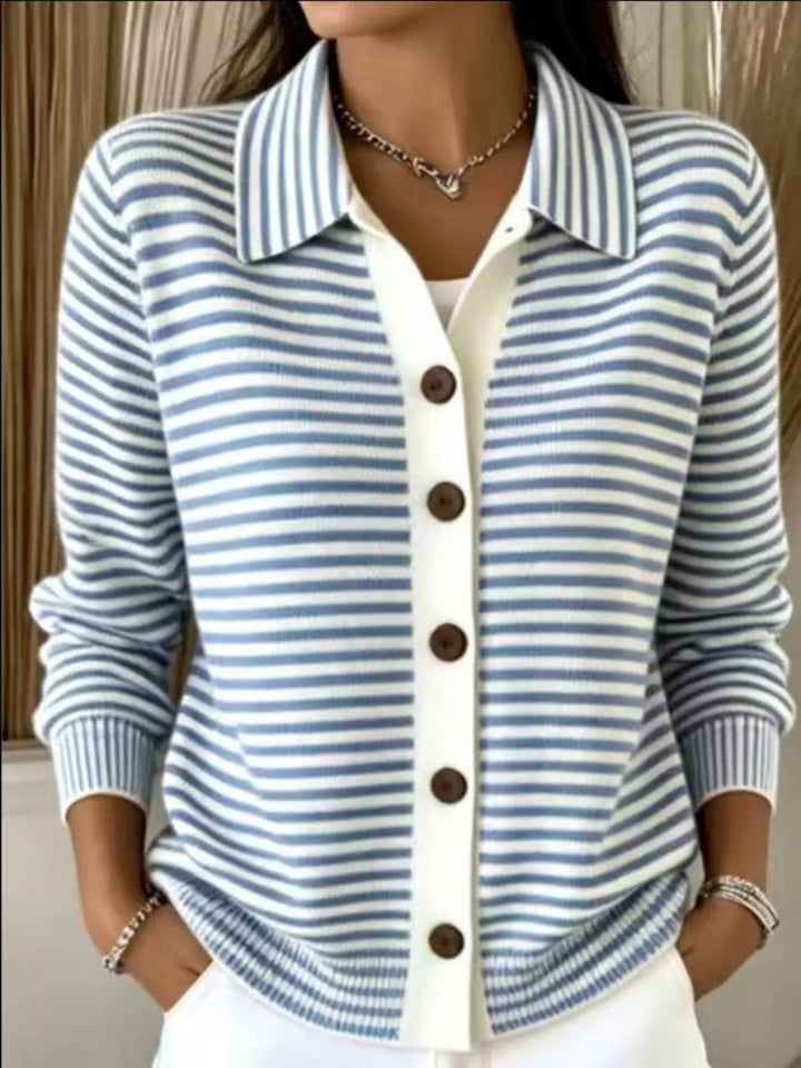 Sky Blue Striped button-down knit cardigan with pointed collar
