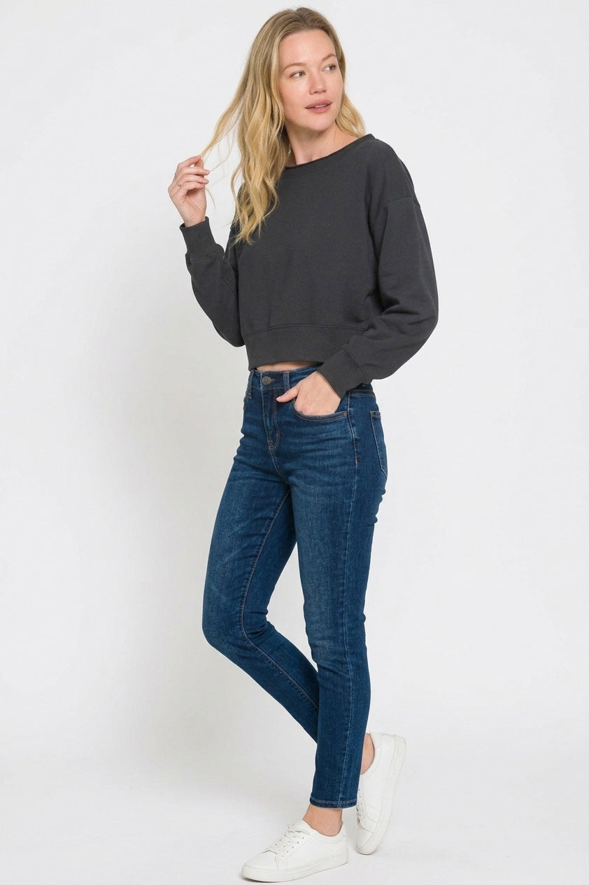 Cropped fleece boat-neck sweatshirt with ribbed hem