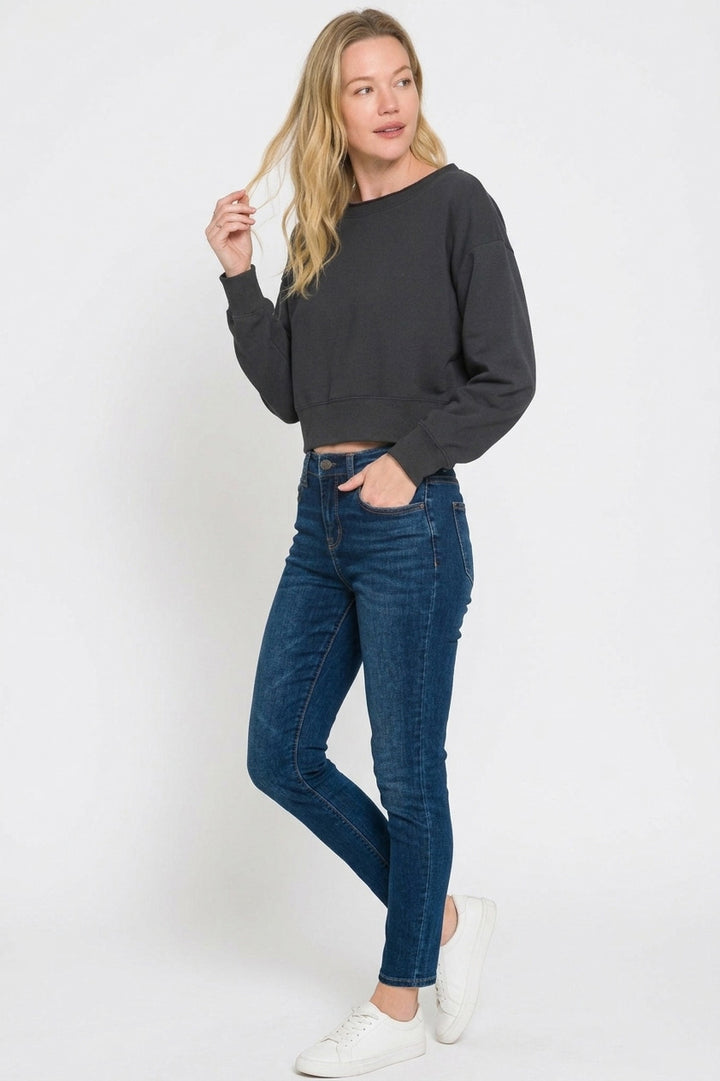 Cropped fleece boat-neck sweatshirt with ribbed hem