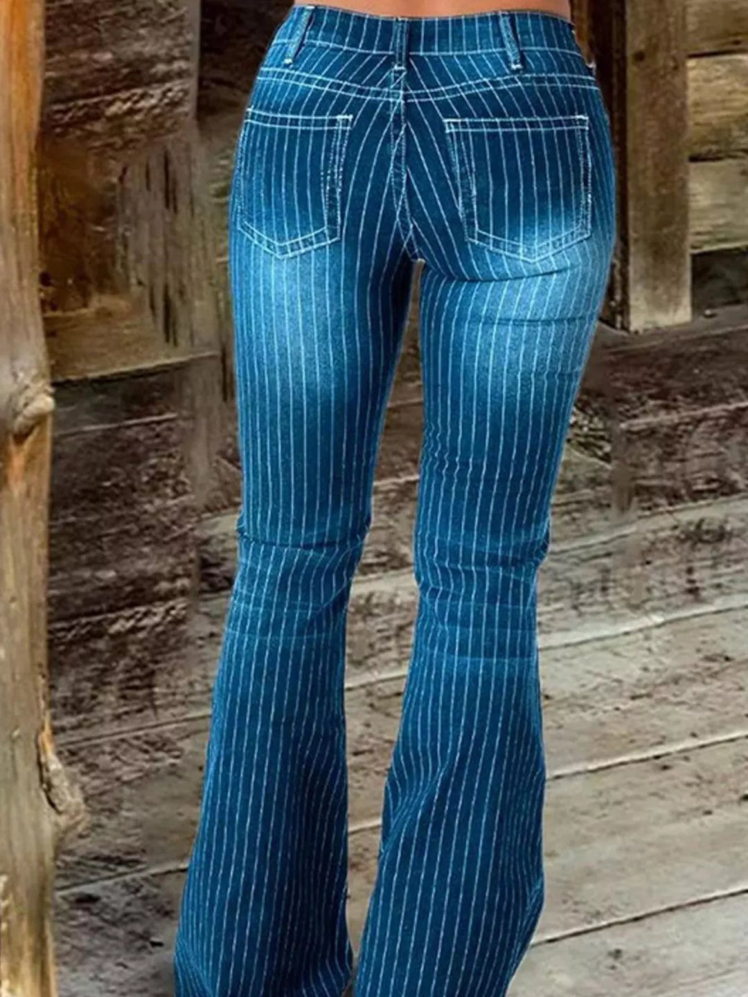 Pinstripe mid-rise button-fly flare jeans