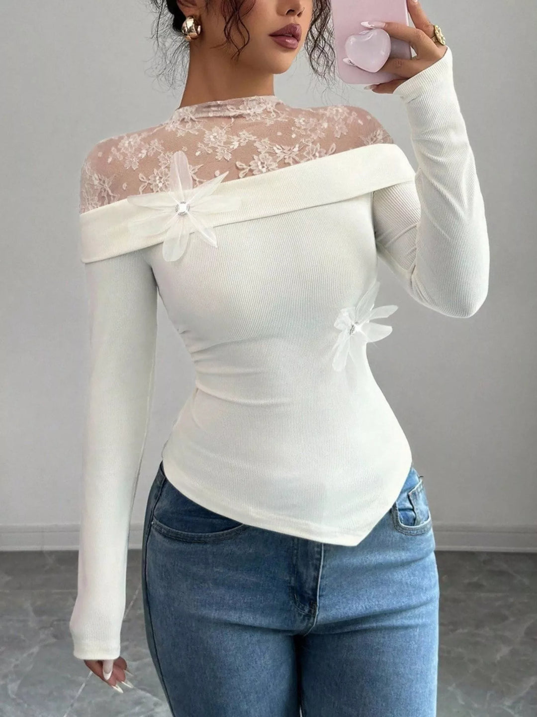 Sheer lace yoke long sleeve fitted top with flower trim