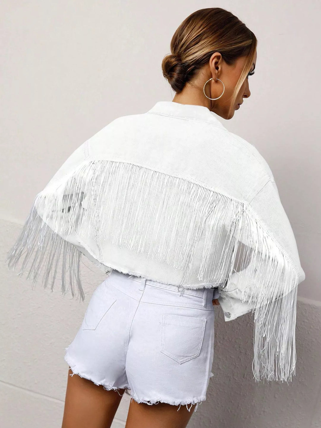 Fringed distressed cropped denim jacket