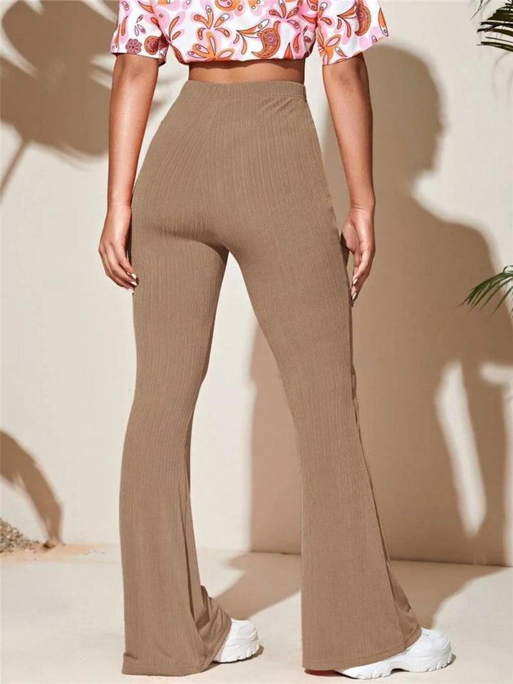 Ribbed knit high-waist flare pants with stretch