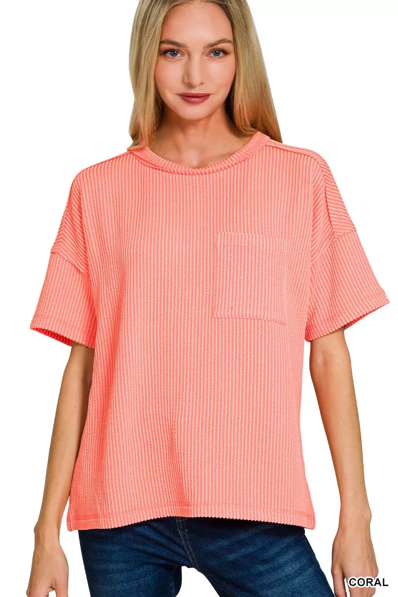 CORAL Raised rib short sleeve top with exposed seams and chest pocket