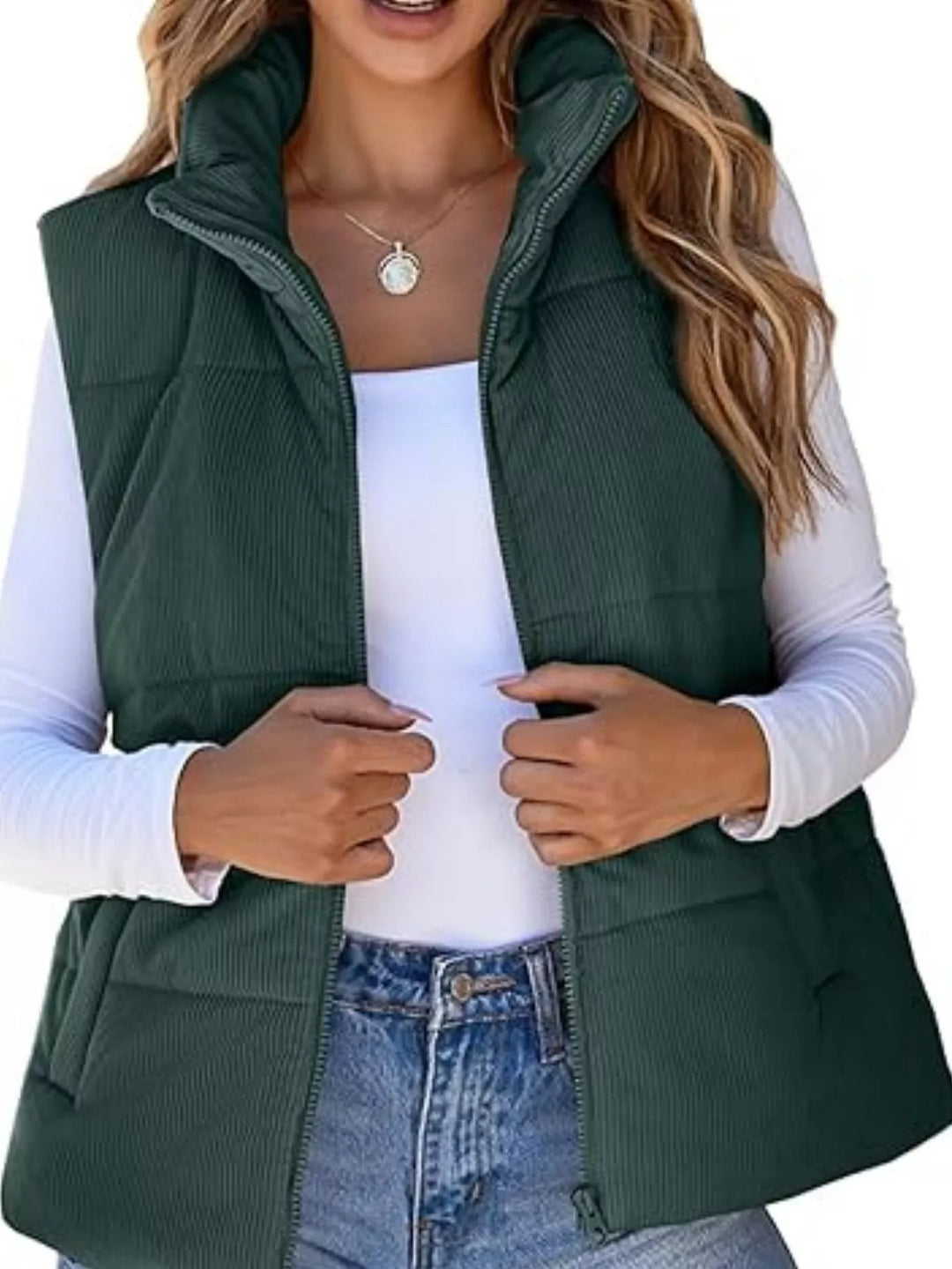 Corduroy stand collar zip-up puffer vest