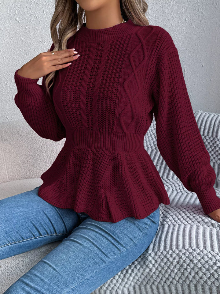Burgundy Cable knit peplum sweater with mock neck