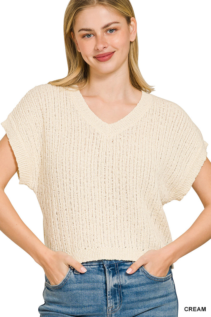 CREAM Open-knit cropped V-neck sweater with cap sleeves