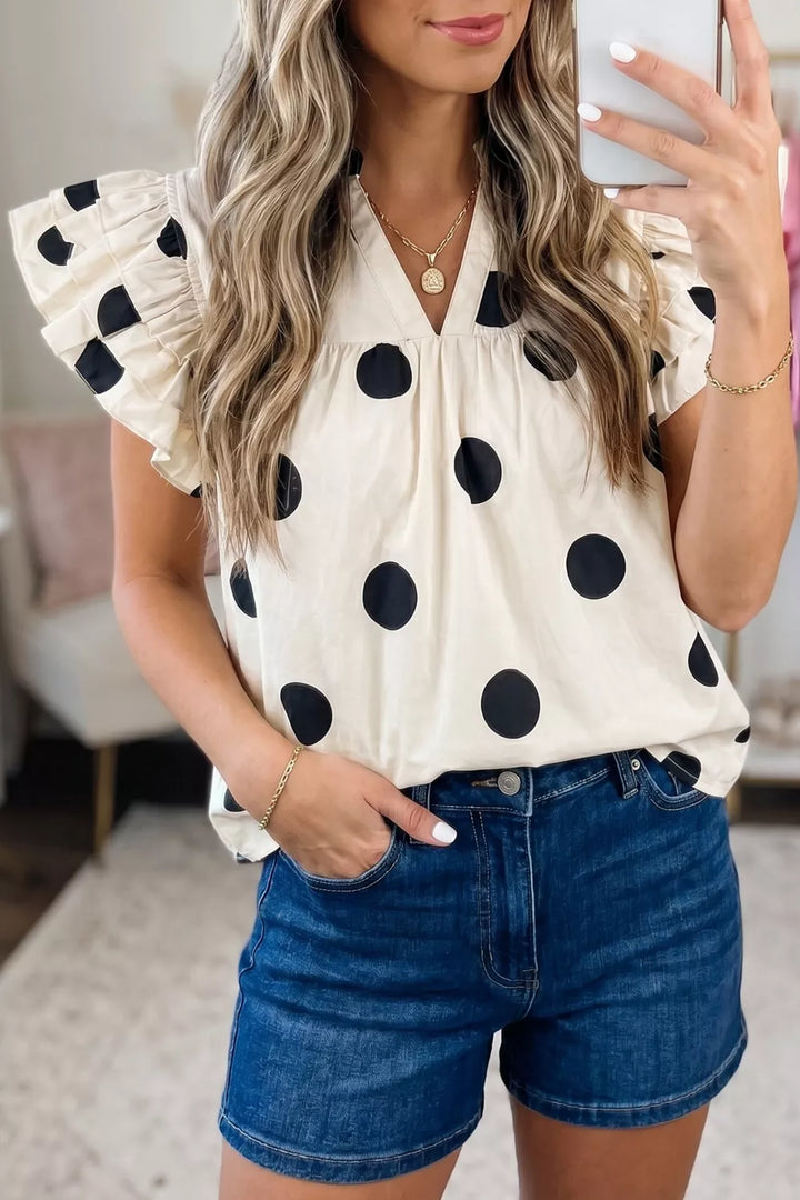 Ivory Polka dot ruffle flutter sleeve split V-neck blouse