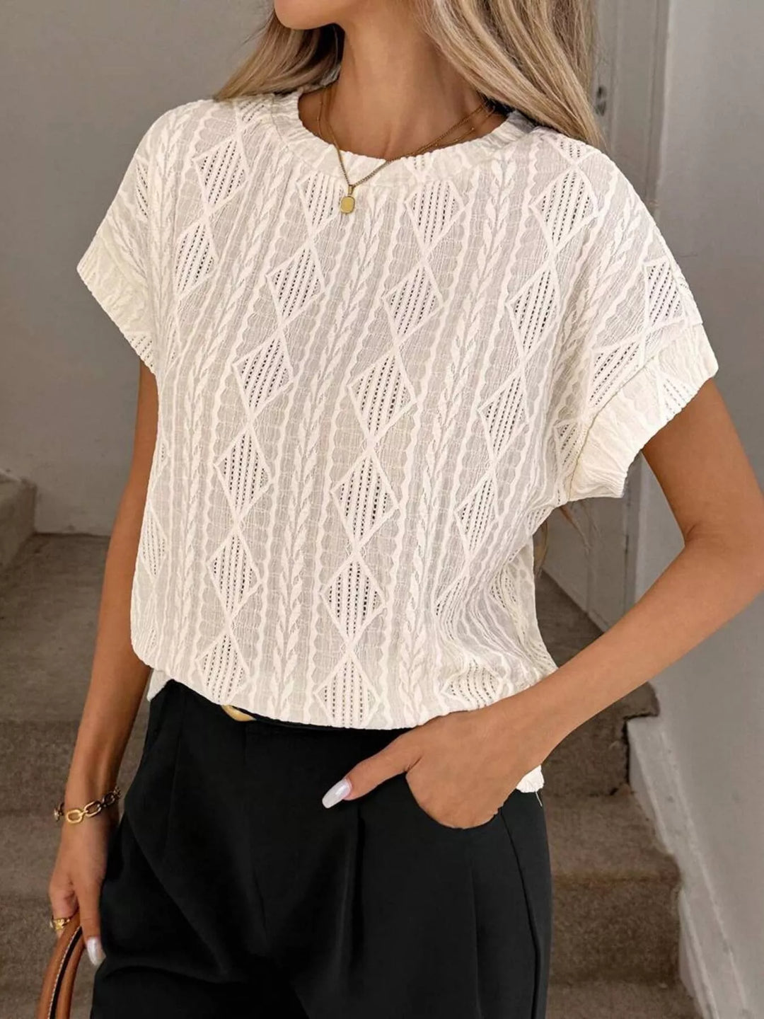 Beige Textured diamond knit round neck top with cap sleeves