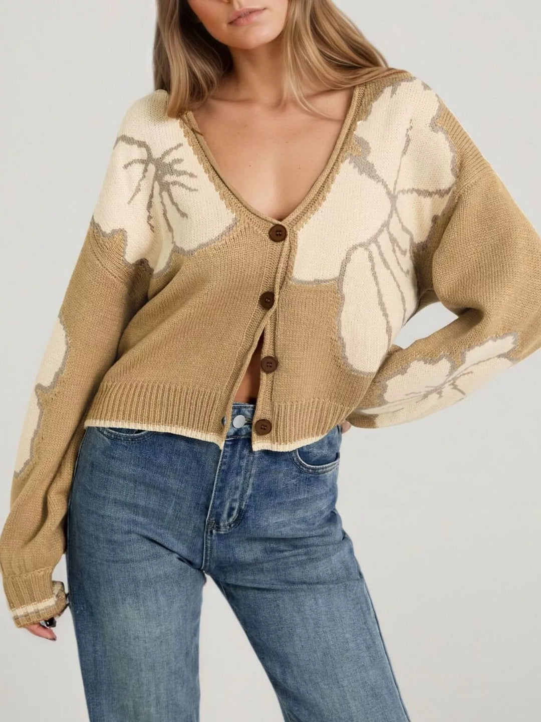 Khaki Floral intarsia knit cardigan with deep V-neck and buttons