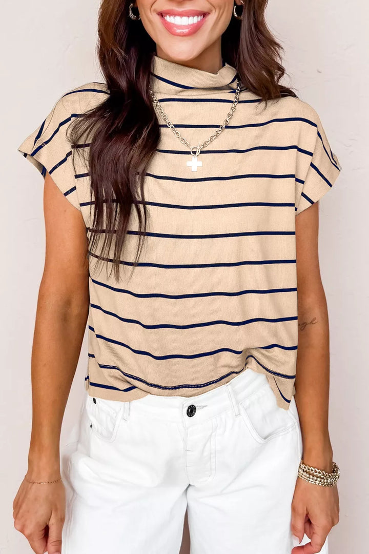 Striped mock neck short sleeve knit top