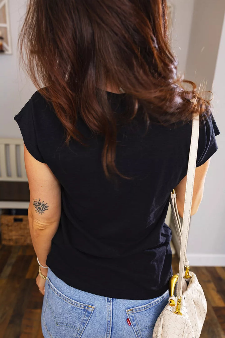 Cutout embroidered V-neck cap sleeve tee