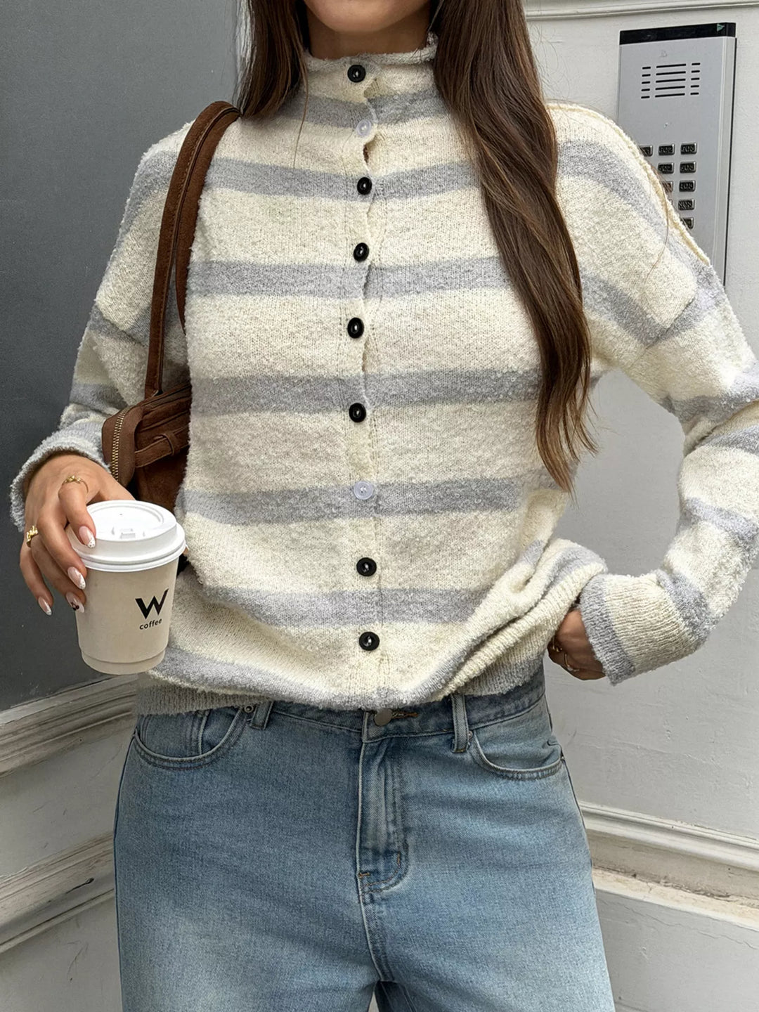 Striped mock neck button-down textured knit cardigan