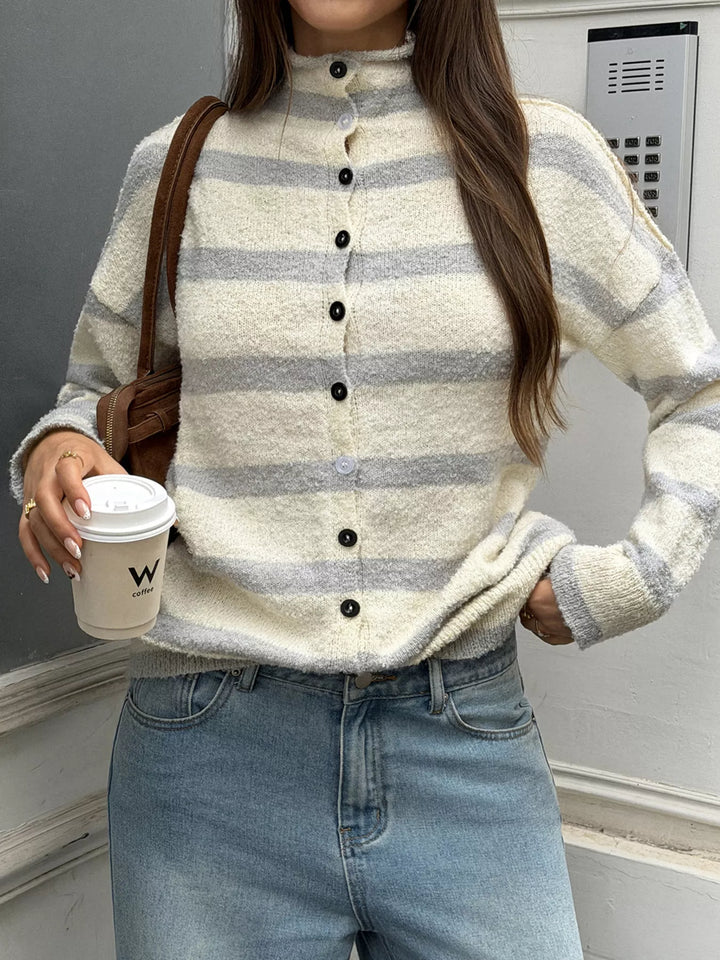 Striped mock neck button-down textured knit cardigan