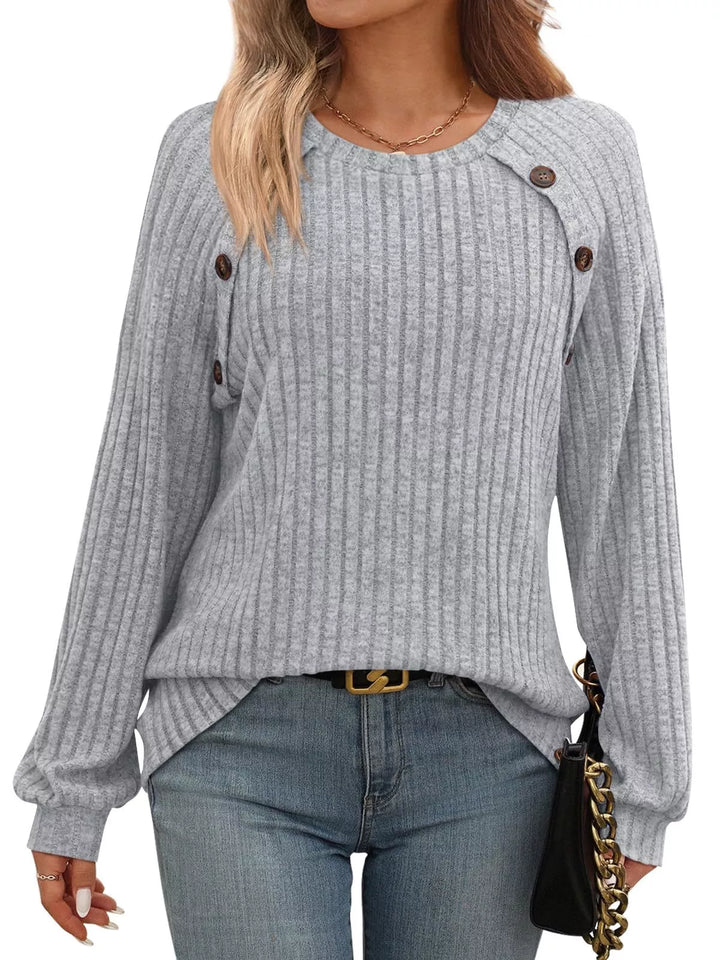 Grey Ribbed knit long sleeve top with decorative shoulder buttons