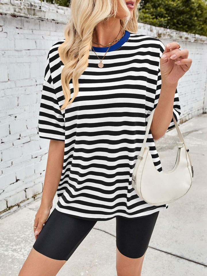 Oversized striped tee with contrast ribbed crew neck