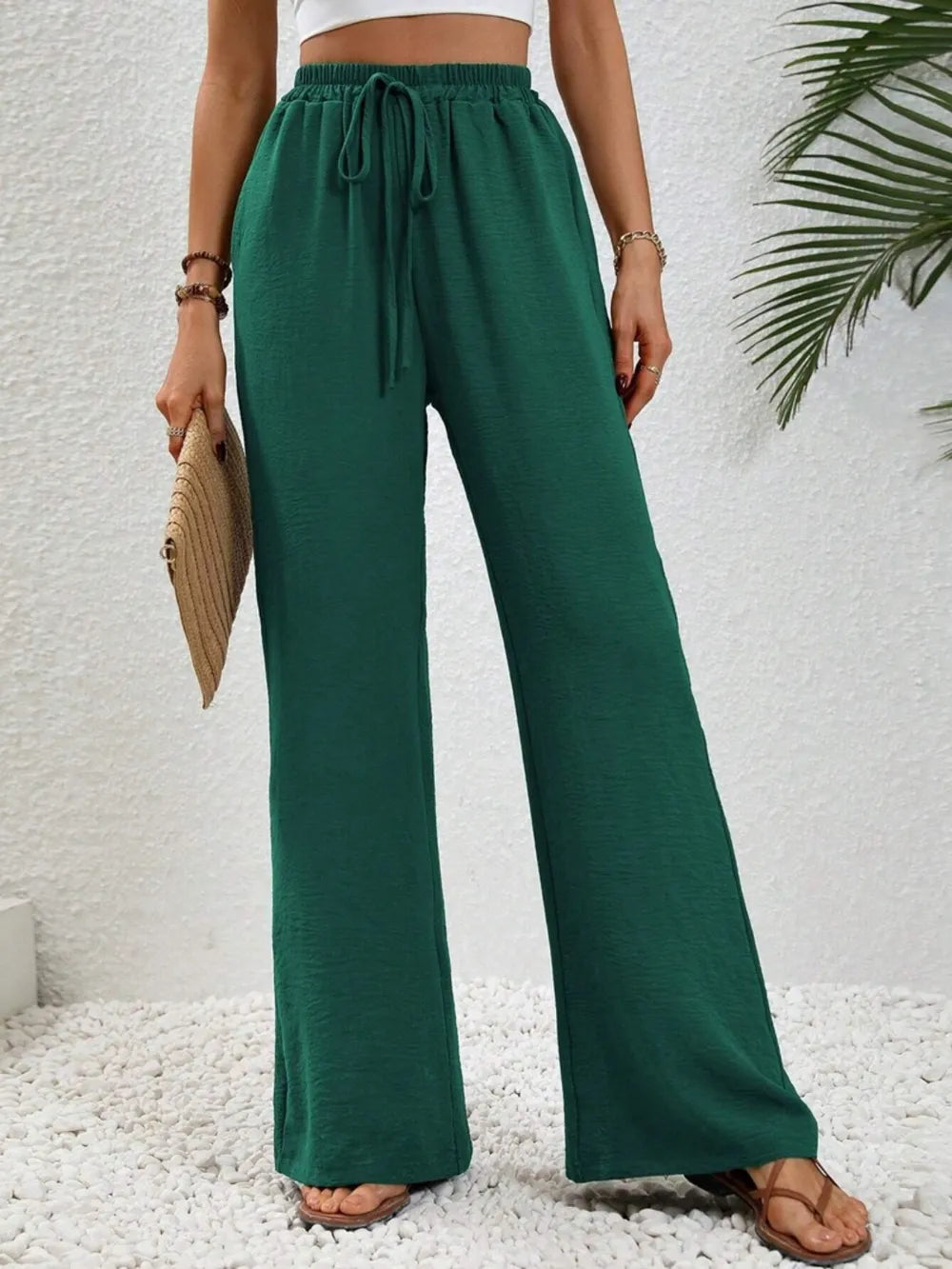 Dark Green High-rise wide leg drawstring pants with pockets
