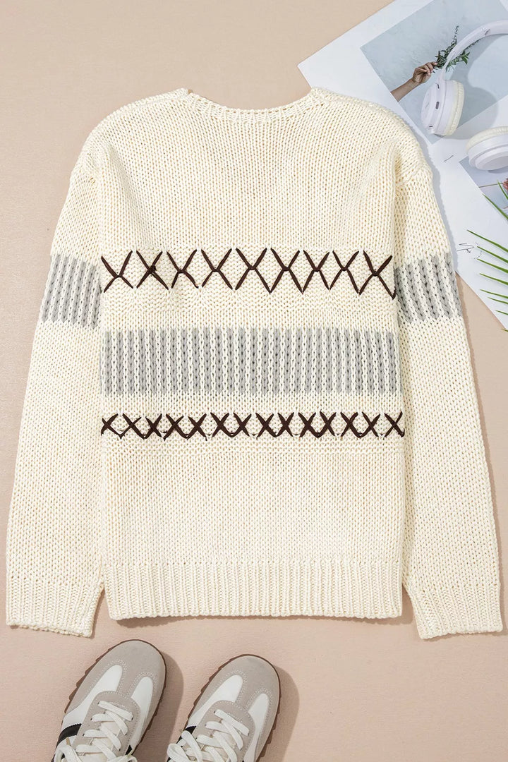 Cross-stitch trim V-neck chunky knit sweater