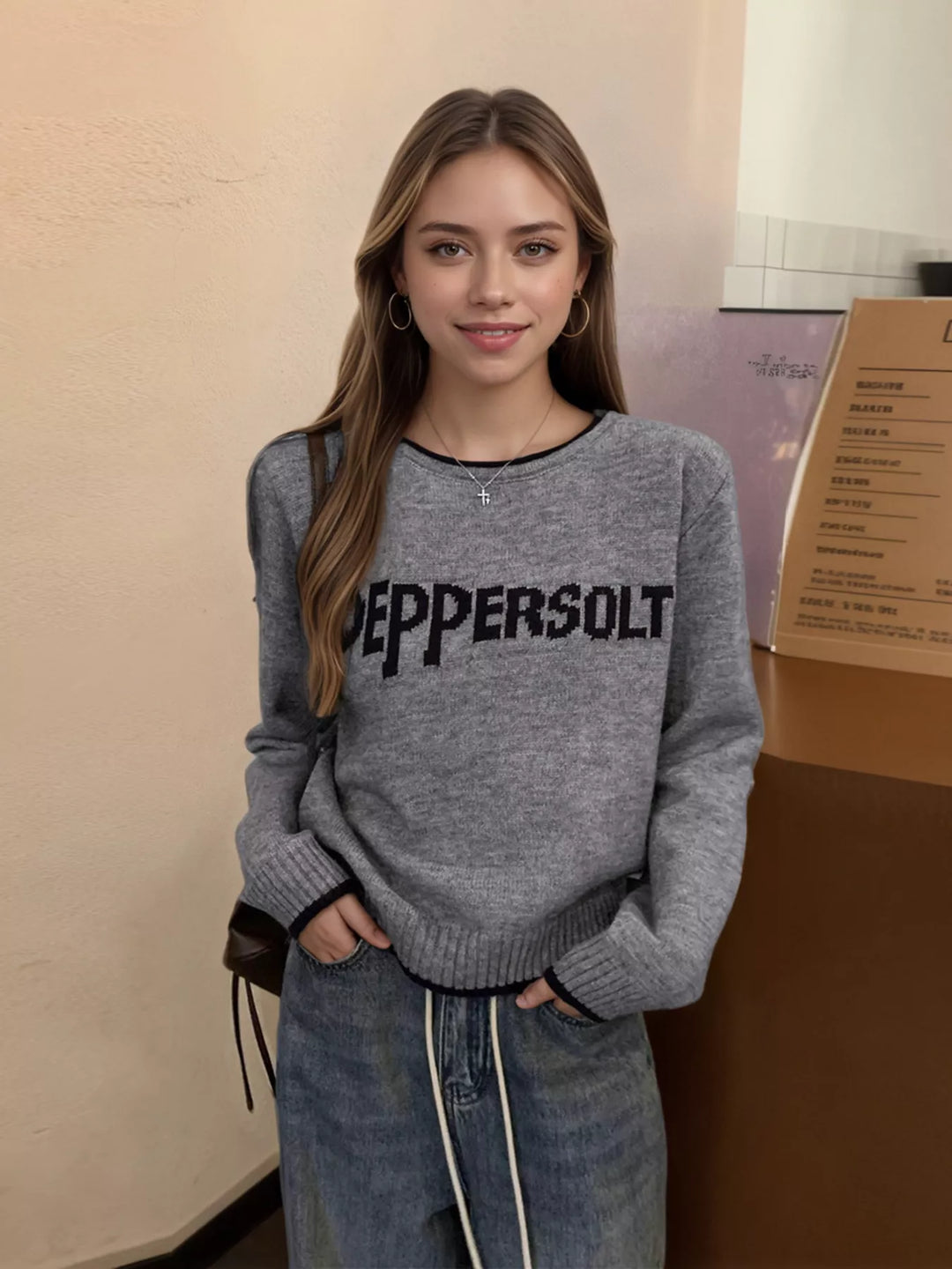 Gray Contrast trim letter graphic round neck knit sweater