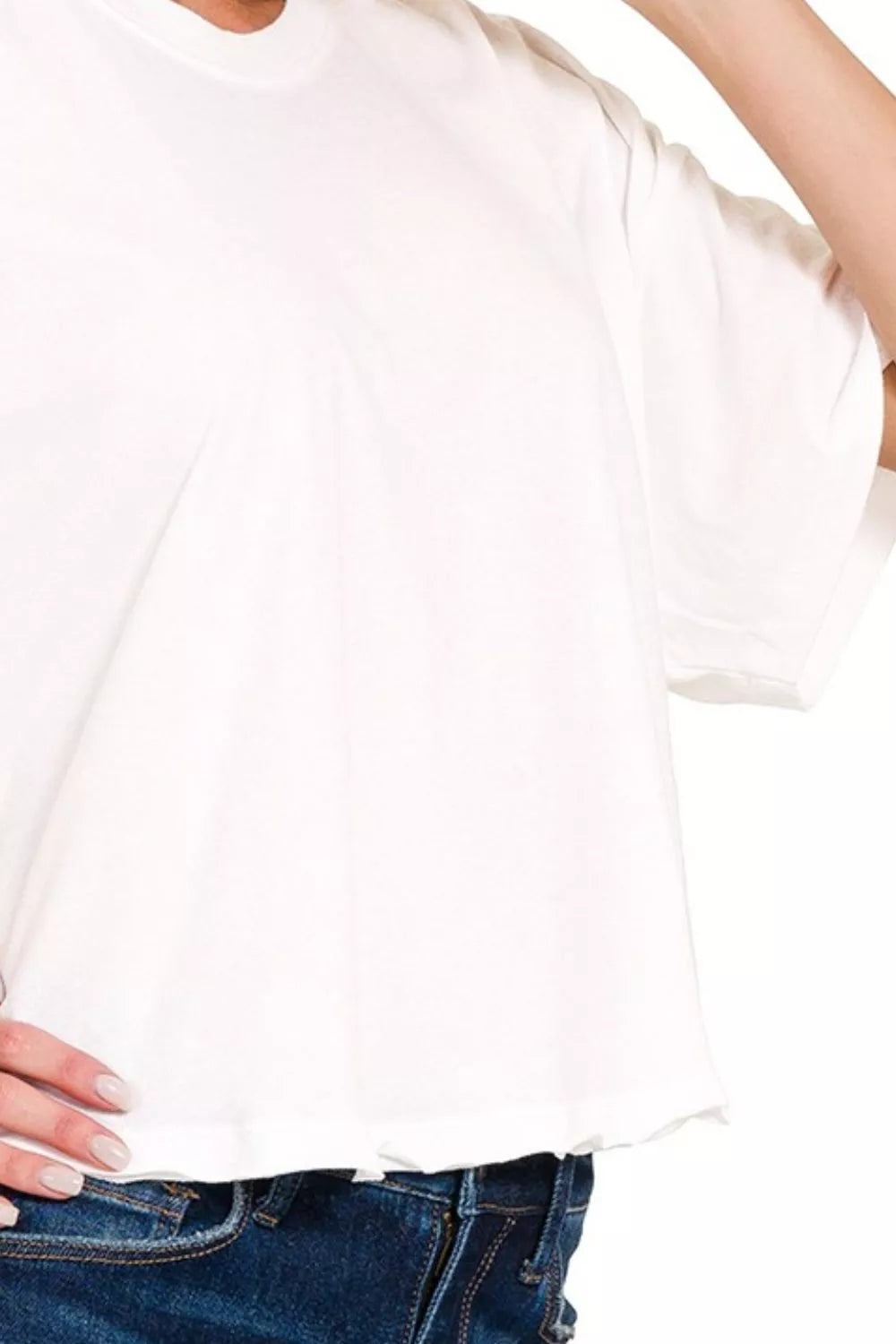 Ruffle sleeve oversized cotton crop top with crew neck