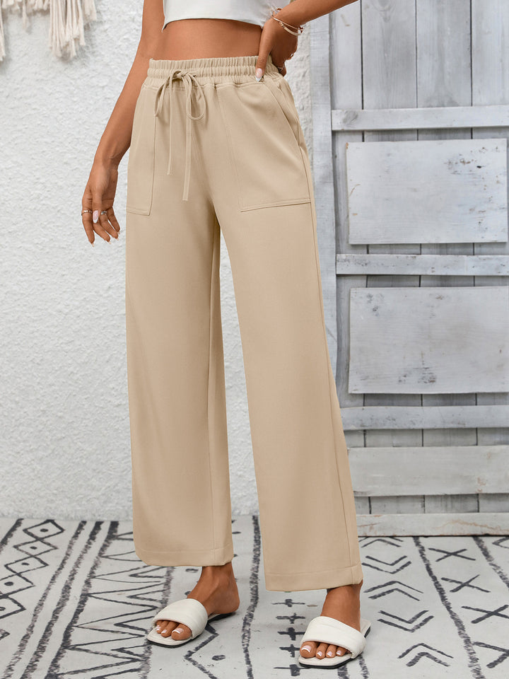 Drawstring wide leg pants with patch pockets