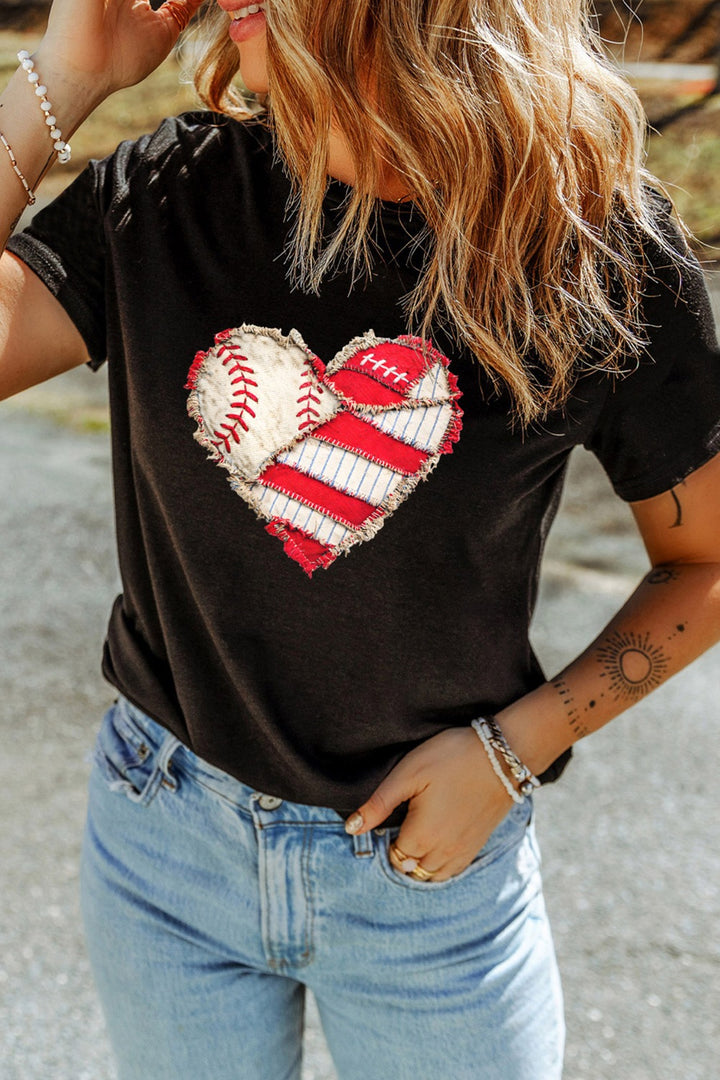 Black Distressed baseball heart graphic short sleeve tee