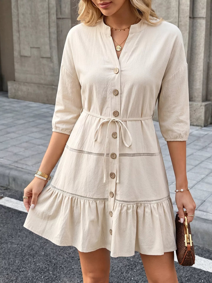 Button-front ruffle hem mini dress with tie waist