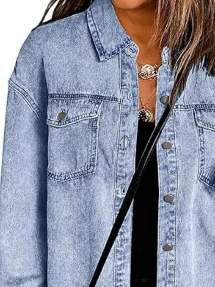 Frayed raw hem button-up denim jacket with flap pockets