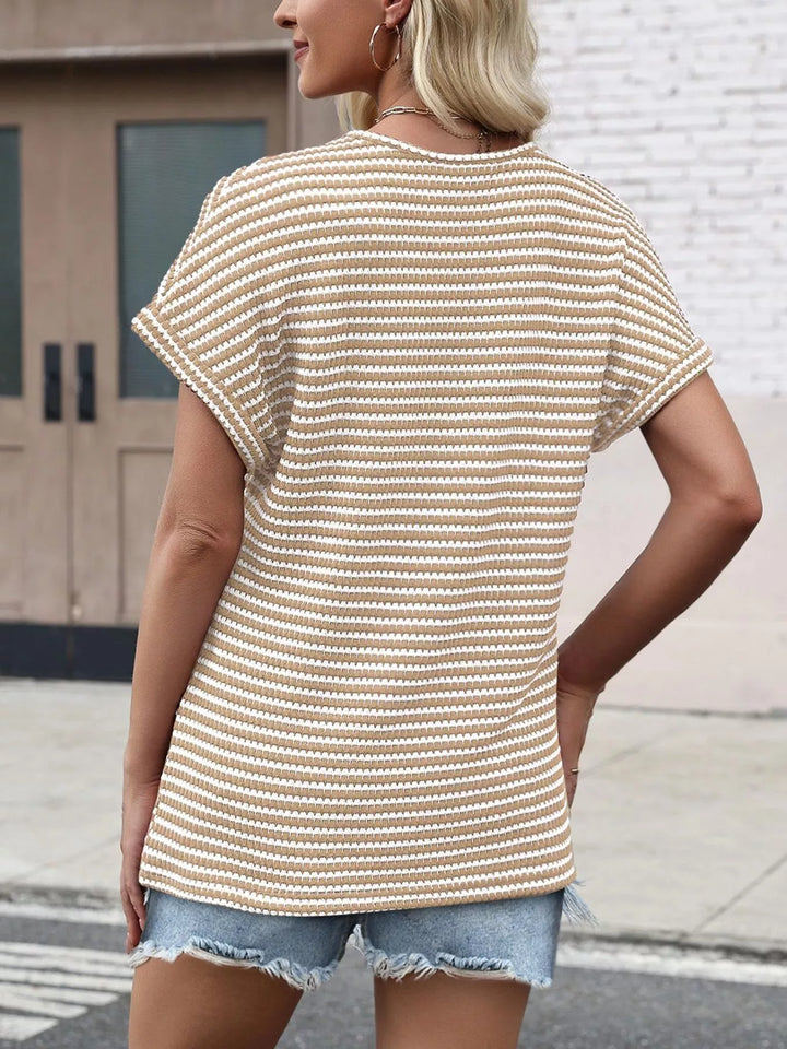 Striped V-neck relaxed short sleeve knit top