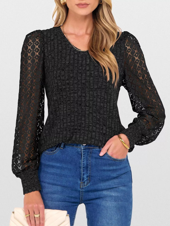 Sheer lace sleeve ribbed knit V-neck top