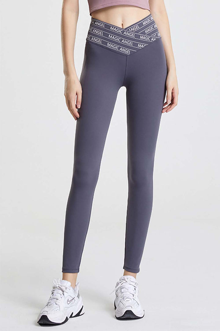 Dark Gray Slogan tape crossover waist cropped workout leggings