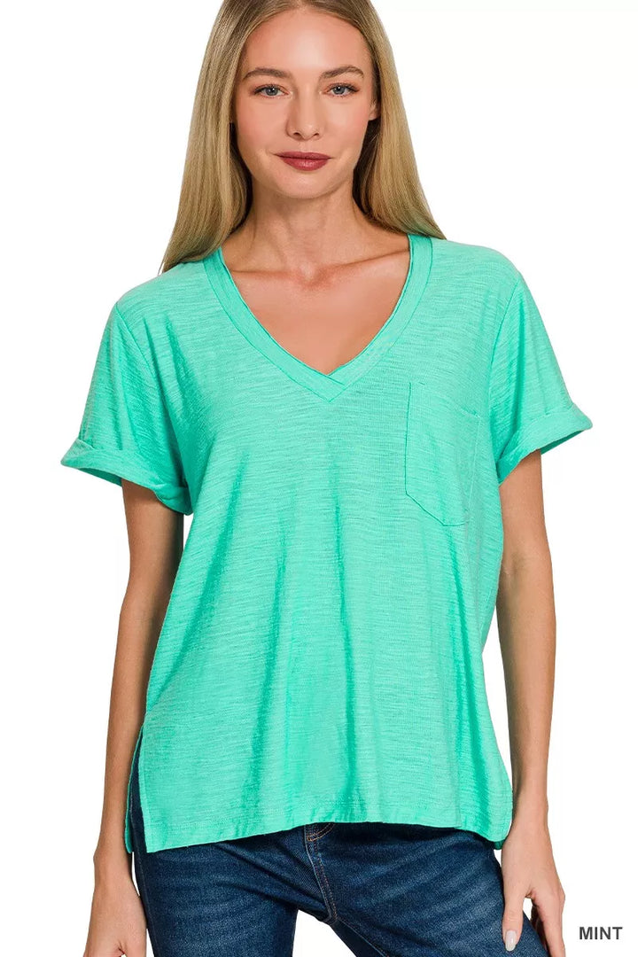 MINT Slub knit rolled-sleeve V-neck pocket tee