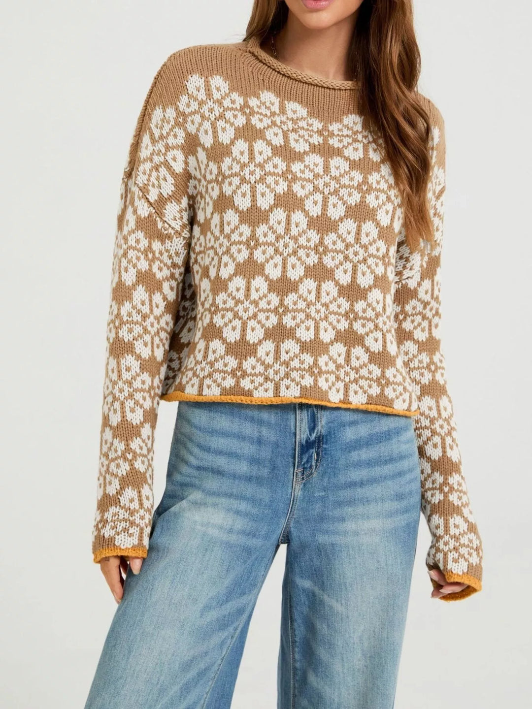 Khaki Floral knit dropped shoulder sweater with contrast trim