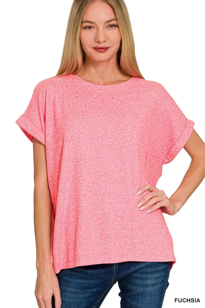FUCHSIA Cuffed short sleeve melange knit top with round neck