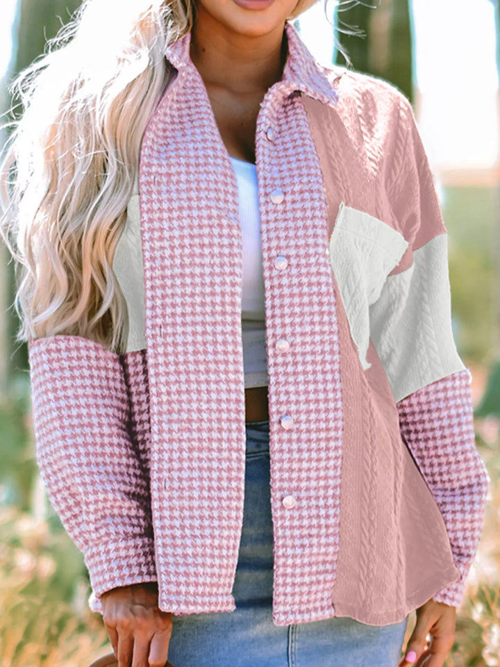 Dusty Pink Houndstooth color block button-down shacket with chest pocket
