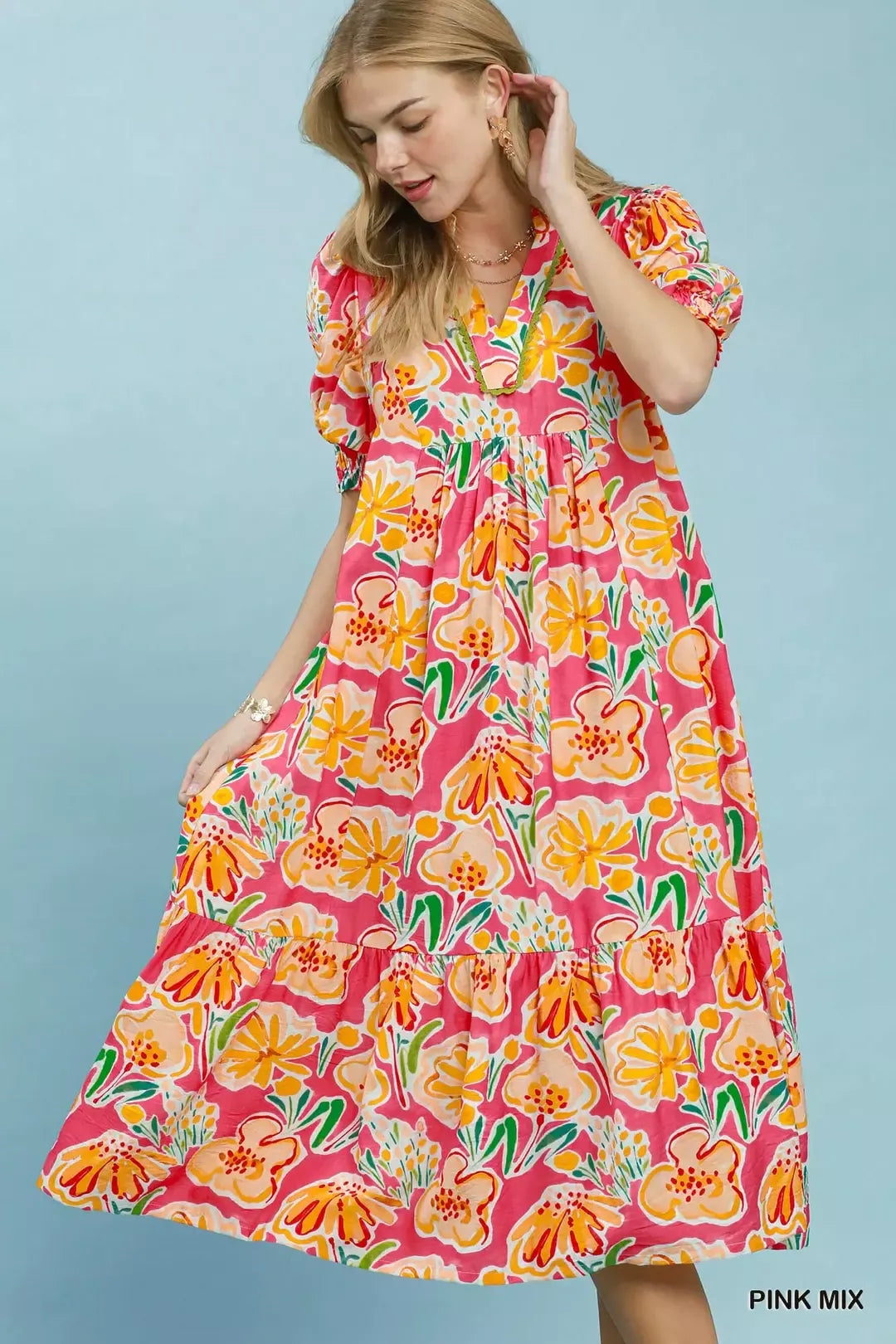 PINK MIX Bold floral puff sleeve tiered midi dress with pockets