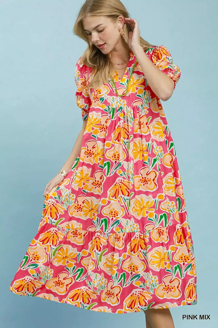PINK MIX Bold floral puff sleeve tiered midi dress with pockets