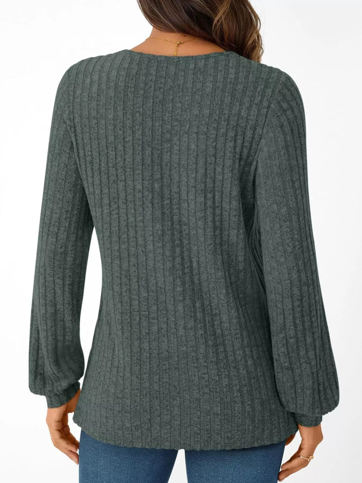 Ribbed knit v-neck top with blouson sleeves