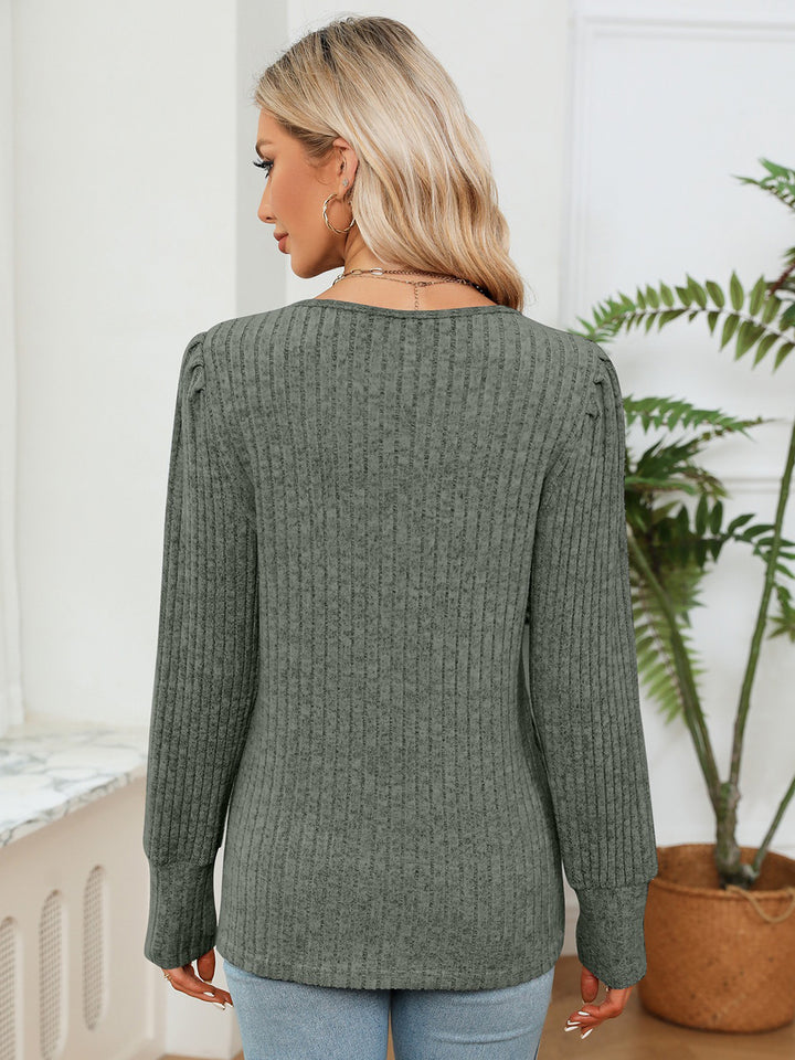Lace-trim V-neck ribbed knit long sleeve blouse