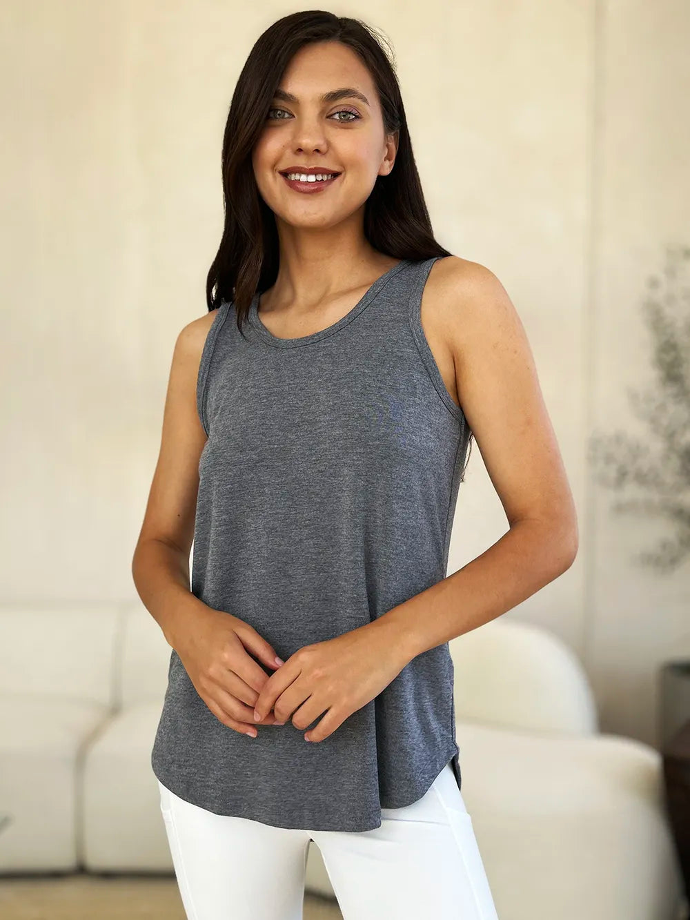 Round neck curved hem rayon tank top