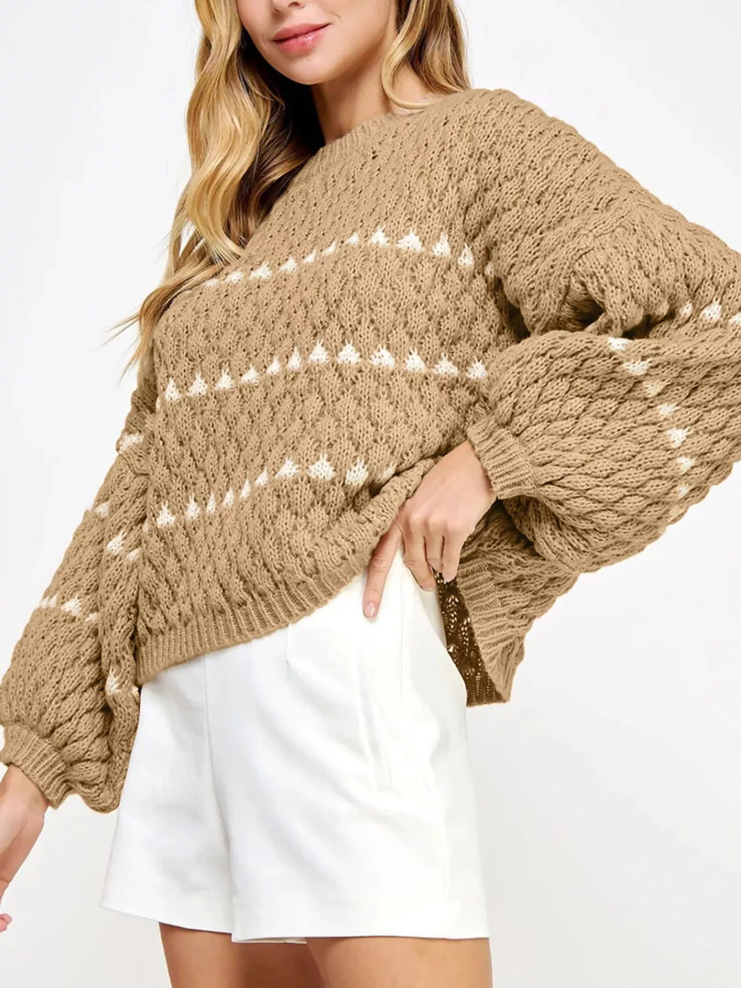 Camel Textured knit puff sleeve sweater with contrast stripe detail