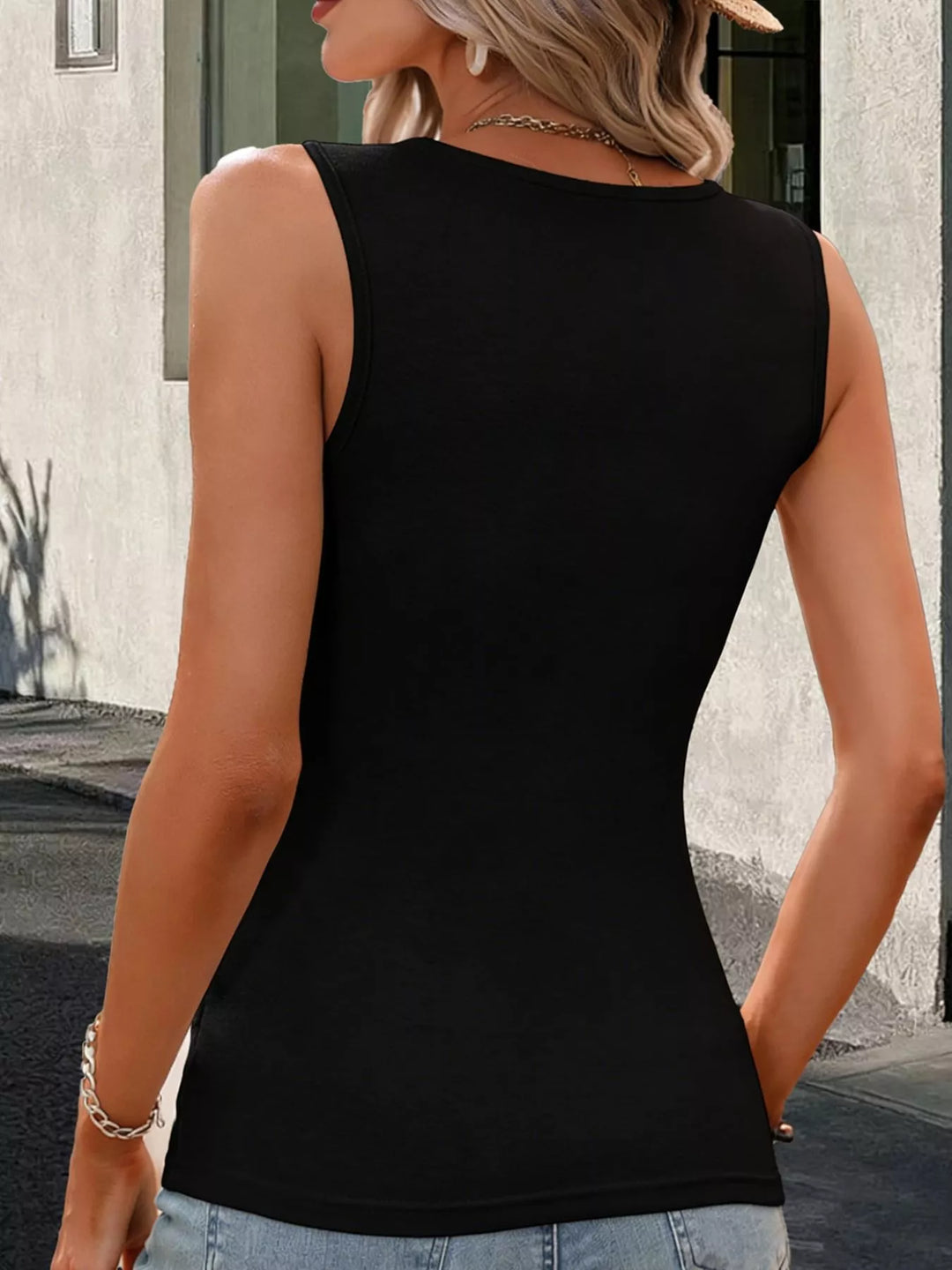 Surplice V-neck ruched tank top with button detail