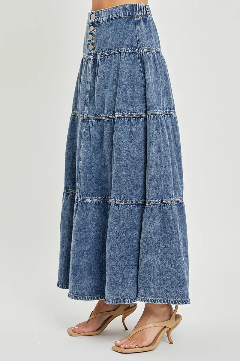 High-rise tiered denim maxi skirt with button front