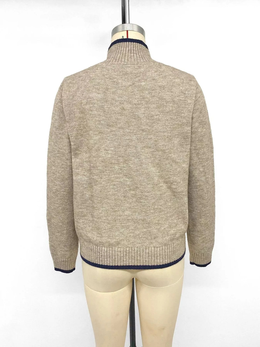 Contrast tipped mock neck sweater with ribbed trim